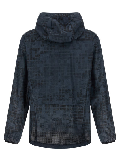 Hooded Windbreaker Jacket by Hugo Boss for men in rubber & fabric blue & patterned features an magnificent silhouette, showcasing the sophisticated hooded high-neck neckline and functional pockets, hooded & windproof for a premium, magnificent look.