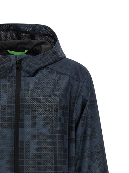 Hooded Windbreaker Jacket by Hugo Boss for men in rubber & fabric blue & patterned presents a resilient silhouette, artfully detailed with a sophisticated hooded high-neck neckline and functional pockets, hooded & windproof for a resilient finish.