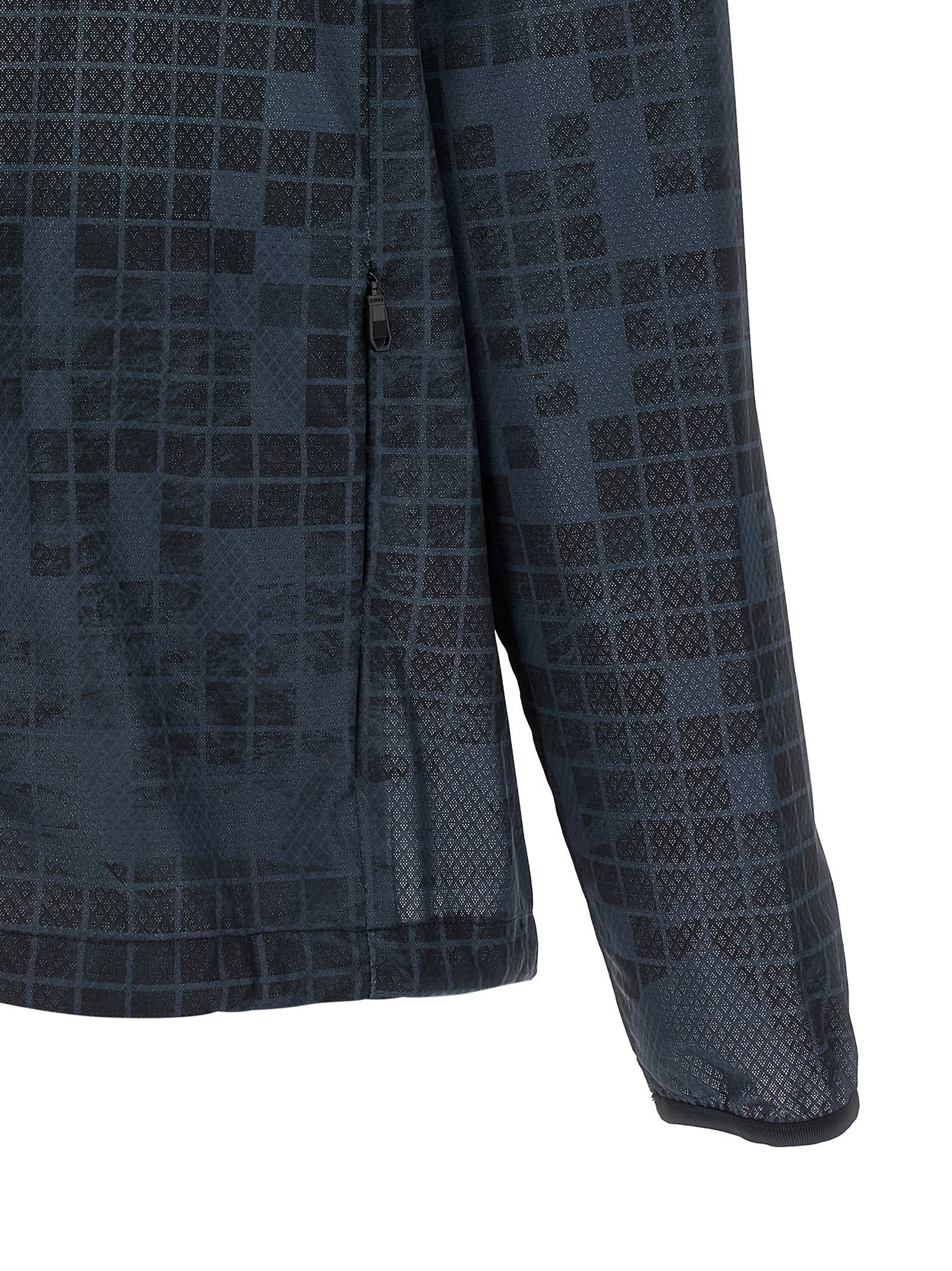 Hooded Windbreaker Jacket by Hugo Boss for men in rubber & fabric blue & patterned features an perennial silhouette with a refined and perennial pockets, hooded & windproof for a sophisticated weather-resistant look.