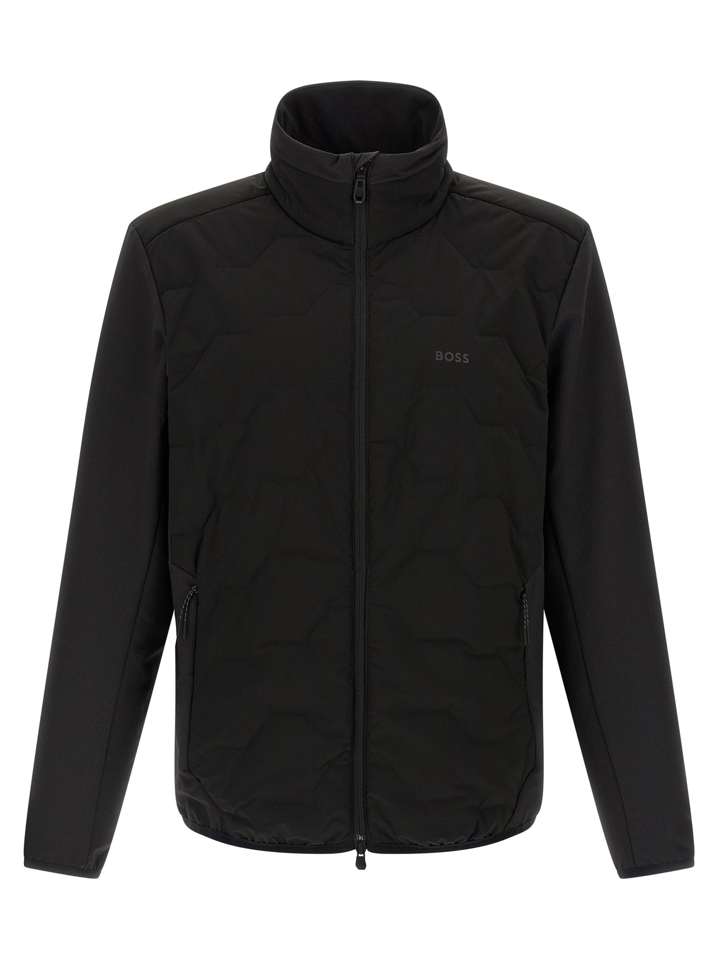 Windbreaker Jacket by Hugo Boss for men in stretch polyamide black showcases a modern silhouette, integrating pockets & windproof and a modern high-neck neckline for a sophisticated finish.