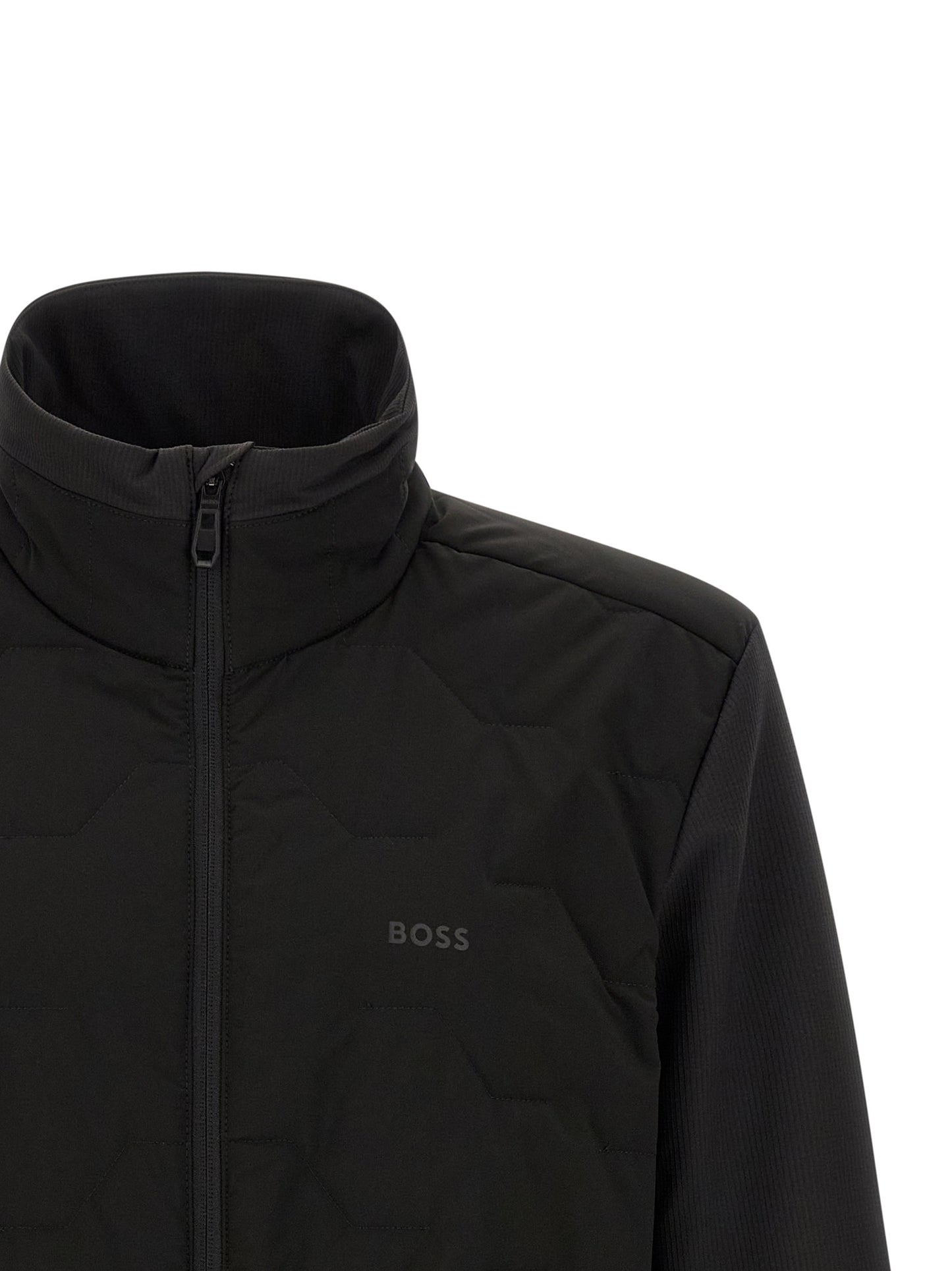 Windbreaker Jacket by Hugo Boss for men in stretch polyamide black presents a resilient silhouette, artfully detailed with a sophisticated high-neck neckline and functional pockets & windproof for a resilient finish.