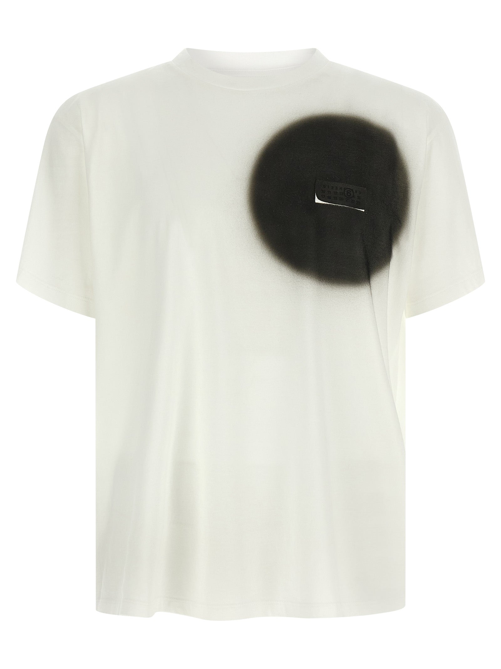 T-Shirt by MM6 Maison Margiela for men in cotton white & signature showcases a fashionable silhouette, elegantly detailed with a fashionable short-sleeve and crew neckline for a sophisticated, high-fashion look.