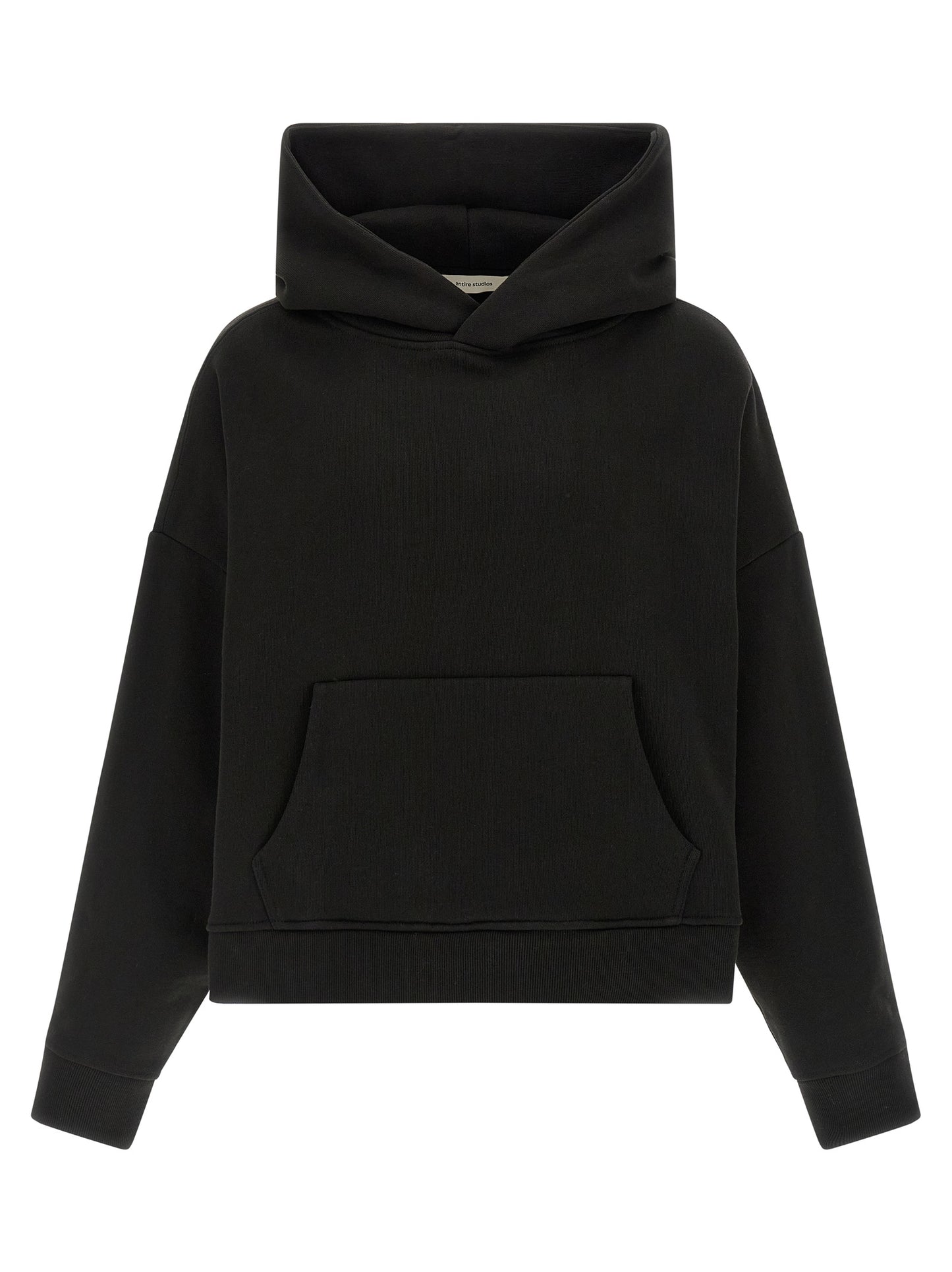 Sweatshirt Hoodie by Entire Studios for men in organic cotton black features an dramatic silhouette, showcasing a sophisticated hooded neckline and dramatic long-sleeve for a refined, modern aesthetic.
