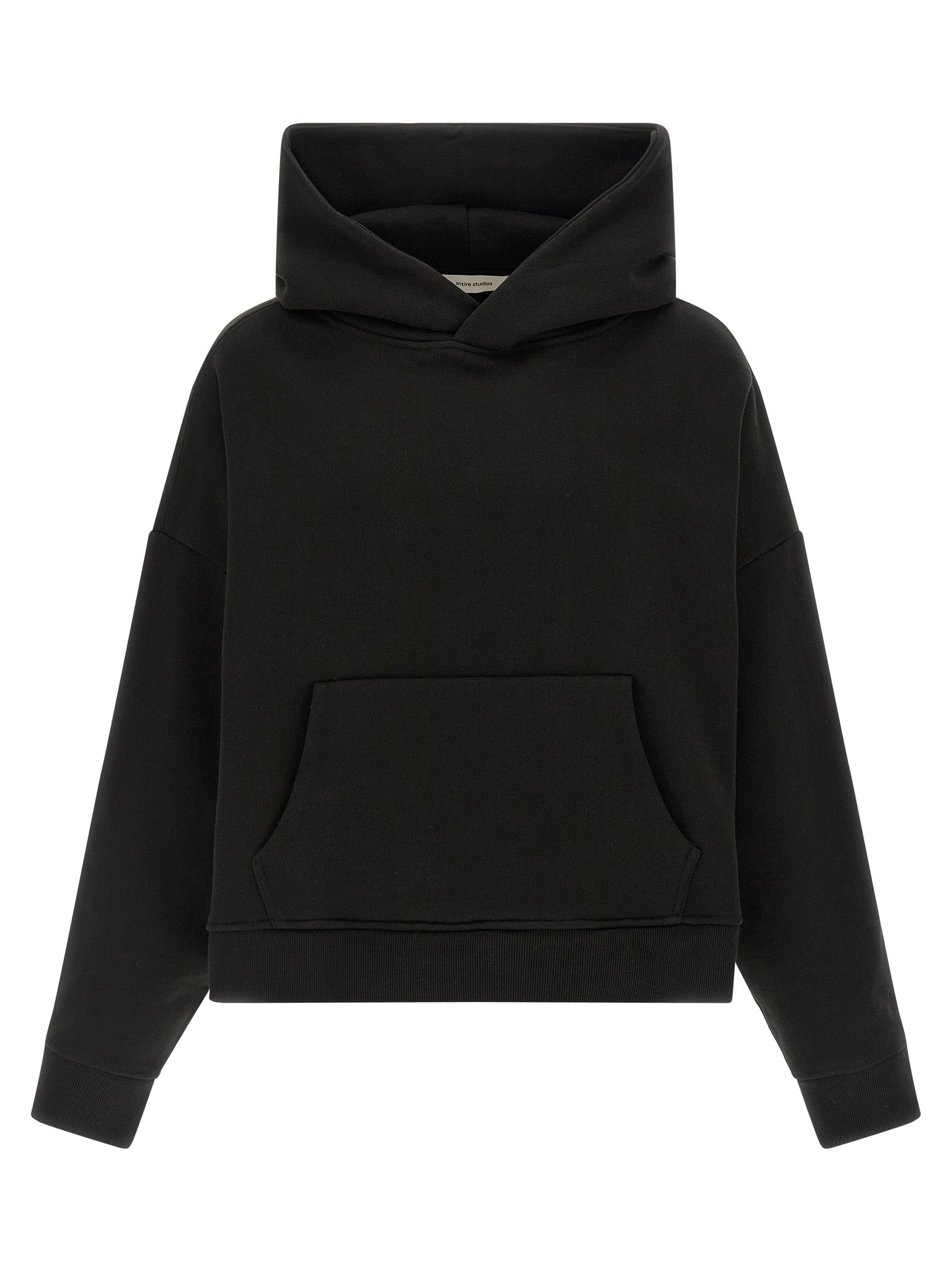 Sweatshirt Hoodie by Entire Studios for men in organic cotton black features an dramatic silhouette, showcasing a sophisticated hooded neckline and dramatic long-sleeve for a refined, modern aesthetic.