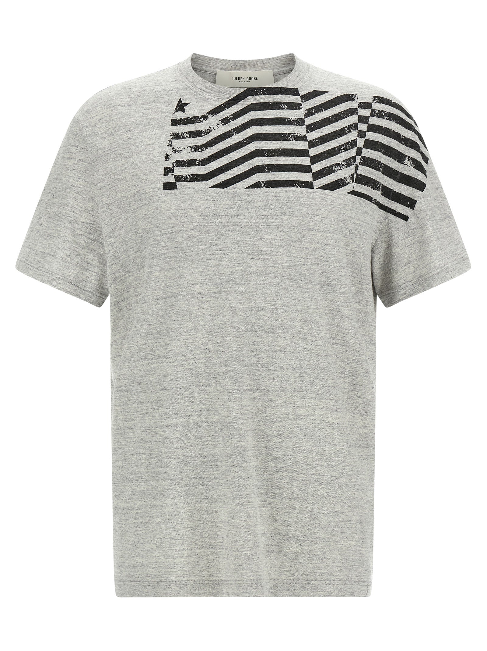 T-Shirt by Golden Goose for men in cotton gray & print showcases a dramatic silhouette, elegantly detailed with a dramatic crew neckline and short-sleeve for a truly dramatic finish.