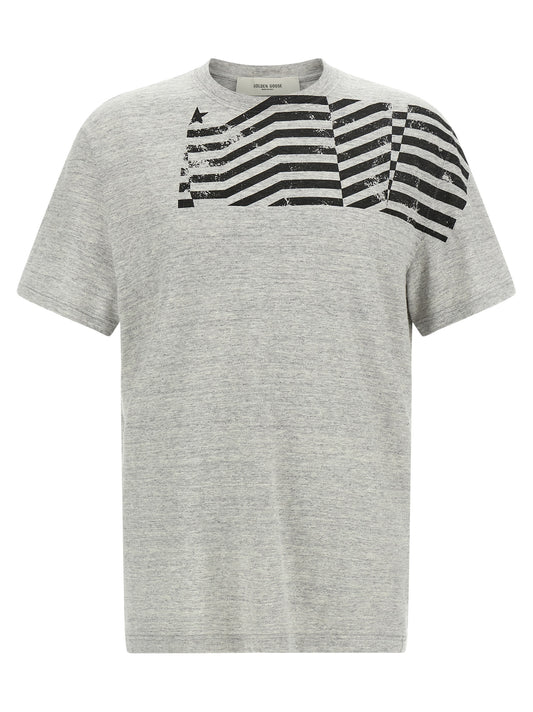 T-Shirt by Golden Goose for men in cotton gray & print showcases a dramatic silhouette, elegantly detailed with a dramatic crew neckline and short-sleeve for a truly dramatic finish.