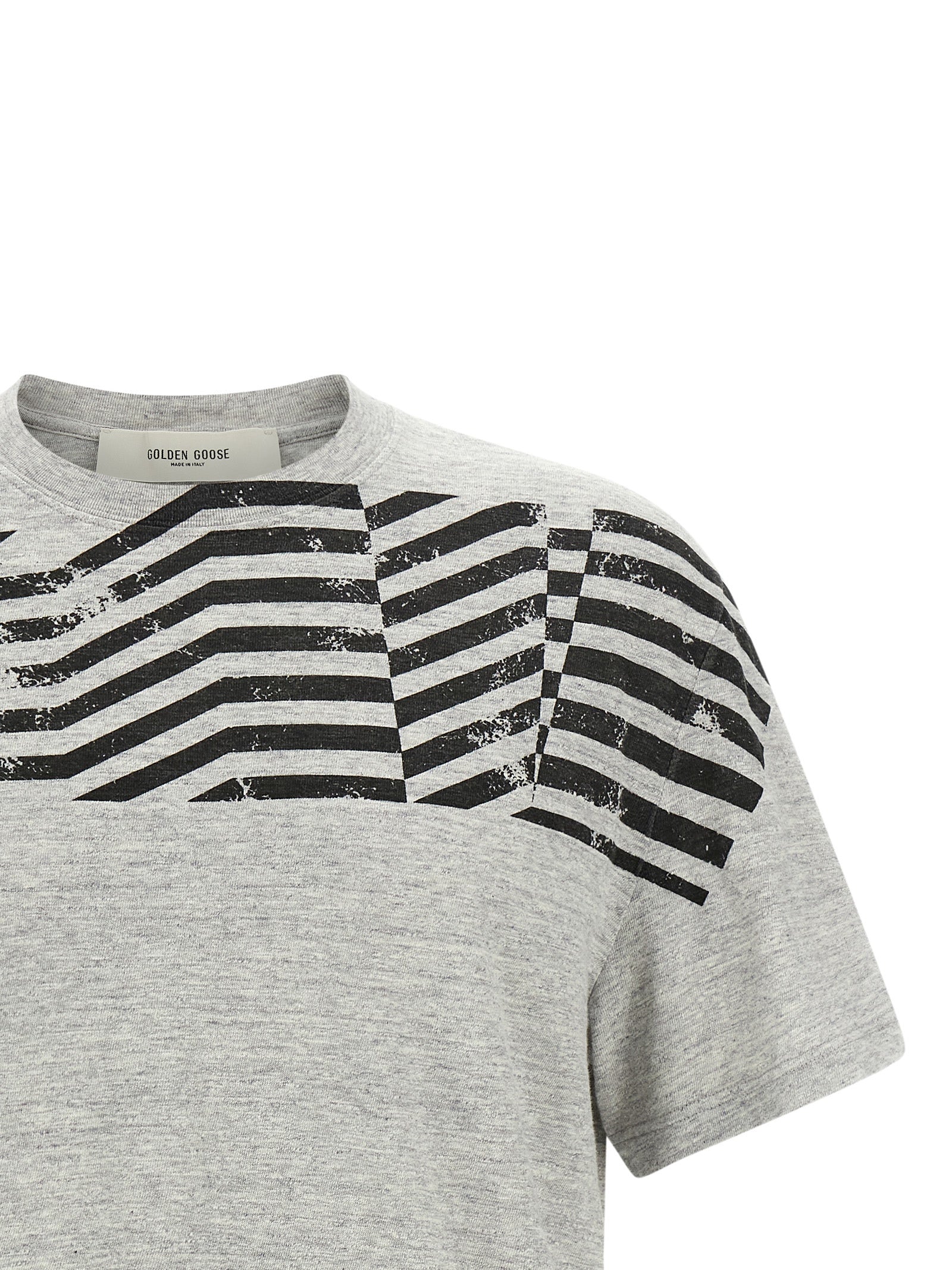 T-Shirt by Golden Goose for men in cotton gray & print showcases a chic silhouette, artfully detailed with a chic crew neckline and for a chic finish.