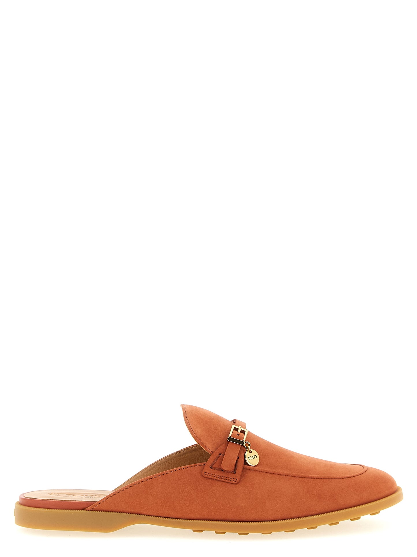 Mules Flat Shoes by Tod's for women in nubuck calfskin leather orange presents a effortless chic silhouette, showcasing the Women's Nubuck Calfskin Leather Mules Flat Shoes design with a effortless chic and almond toe style for a sophisticated look.