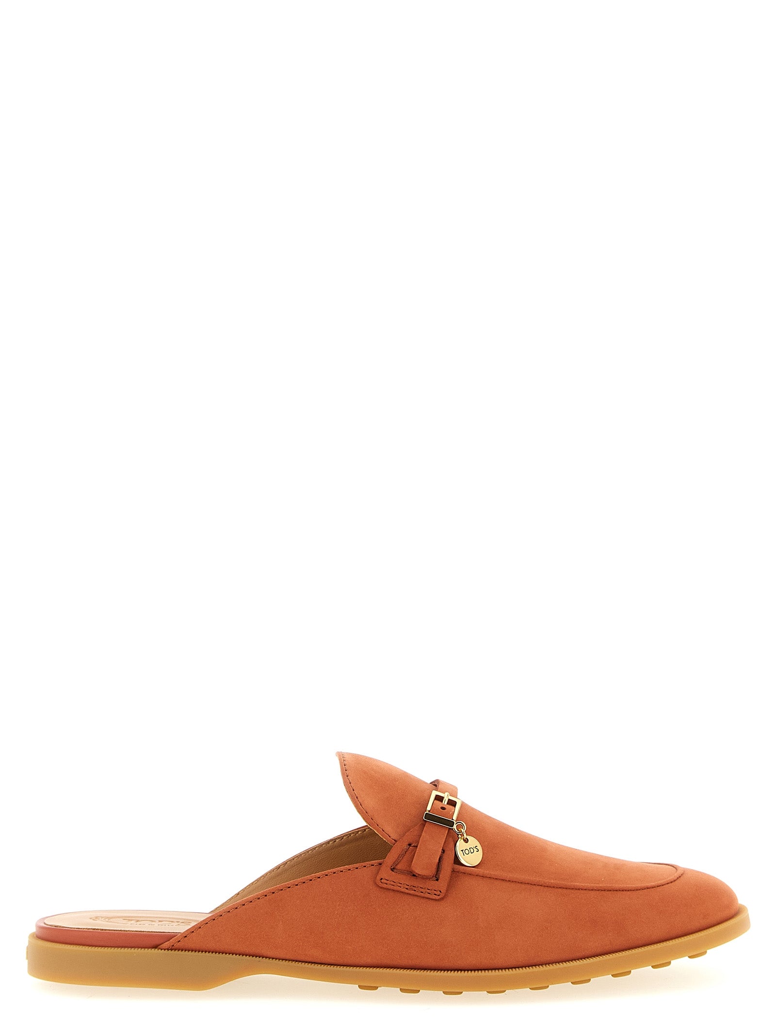 Mules Flat Shoes by Tod's for women in nubuck calfskin leather orange presents a effortless chic silhouette, showcasing the Women's Nubuck Calfskin Leather Mules Flat Shoes design with a effortless chic and almond toe style for a sophisticated look.