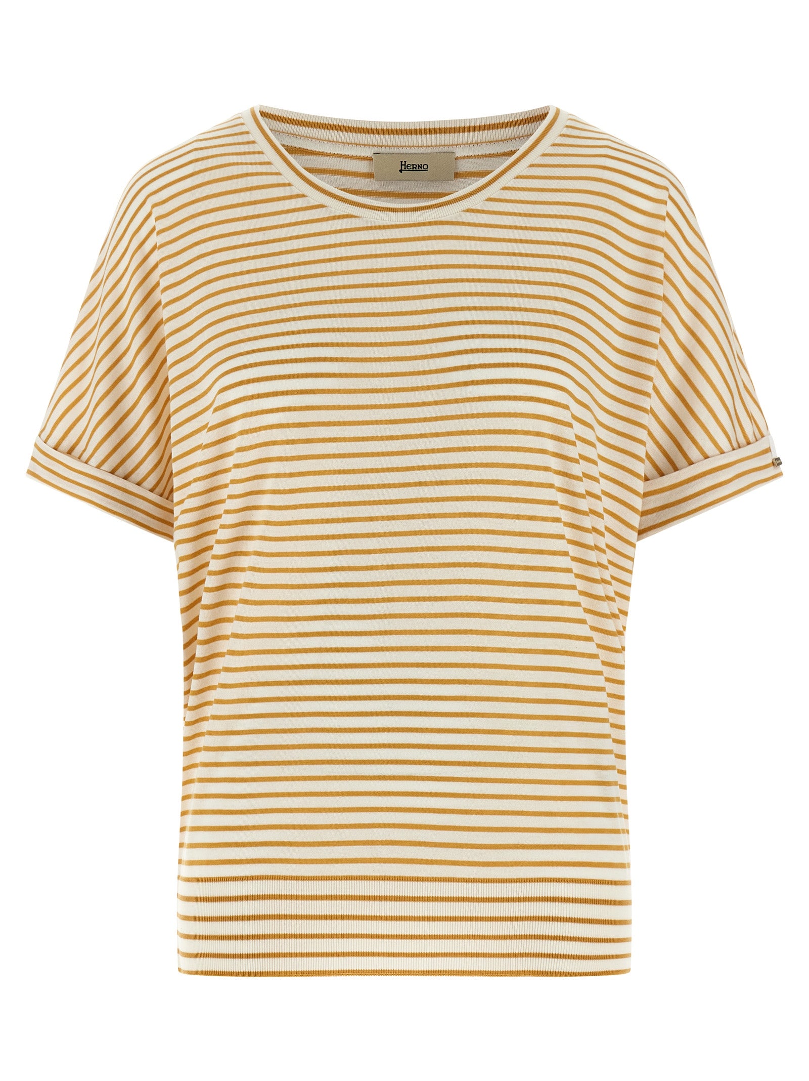 T-Shirt by Herno for women in lyocell & cotton bicolour, yellow & striped showcases a chic silhouette, artfully detailed with a chic round neckline and short-sleeve for a chic finish.