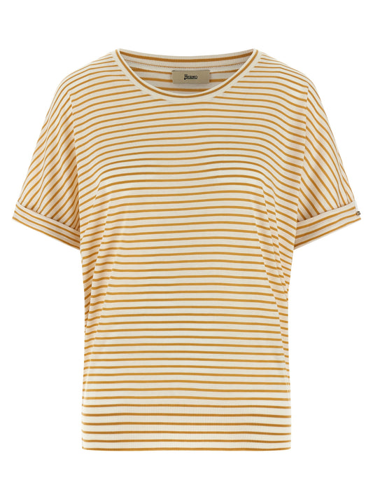 T-Shirt by Herno for women in lyocell & cotton bicolour, yellow & striped showcases a chic silhouette, artfully detailed with a chic round neckline and short-sleeve for a chic finish.