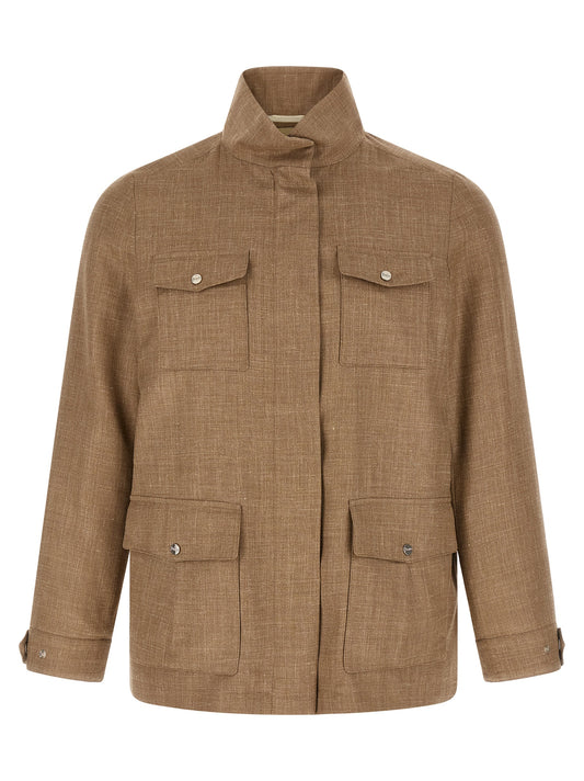 Overcoat by Herno for women in polyamide polyester linen & wool beige presents a luxurious silhouette, showcasing a luxurious high-neck neckline and sophisticated pockets for a premium, luxurious look.