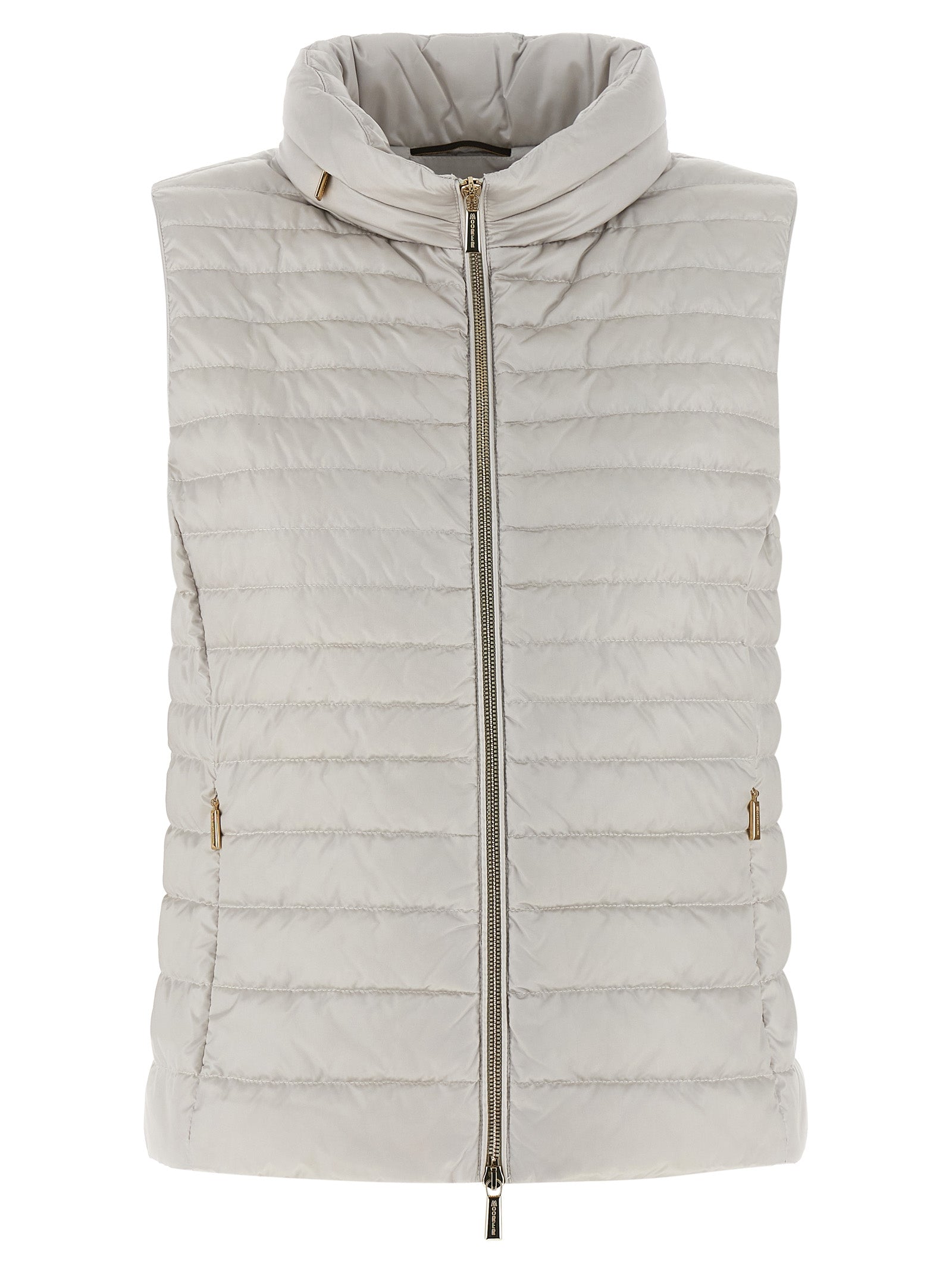 Hooded Vest by MooRER for women in polyester beige features an contemporary silhouette, showcasing refined pockets & hooded and a contemporary hooded neckline for a sophisticated layered look.