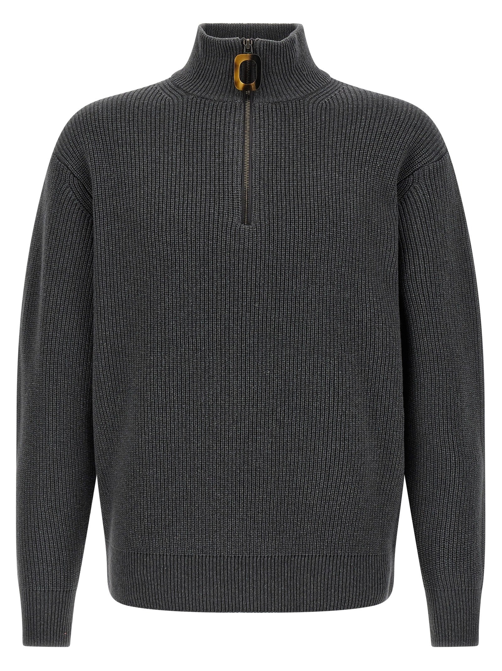Cardigan by J.W.Anderson for men in cotton & wool gray & horn showcases a luxurious silhouette, meticulously detailed with a sophisticated high-neck neckline and for a refined finish.
