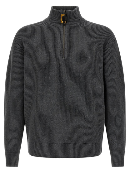 Cardigan by J.W.Anderson for men in cotton & wool gray & horn showcases a luxurious silhouette, meticulously detailed with a sophisticated high-neck neckline and for a refined finish.