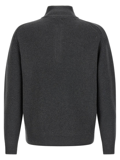 Cardigan by J.W.Anderson for men in cotton & wool gray & horn showcases a captivating silhouette, artfully detailed with a captivating and high-neck neckline for a truly sophisticated captivating look.