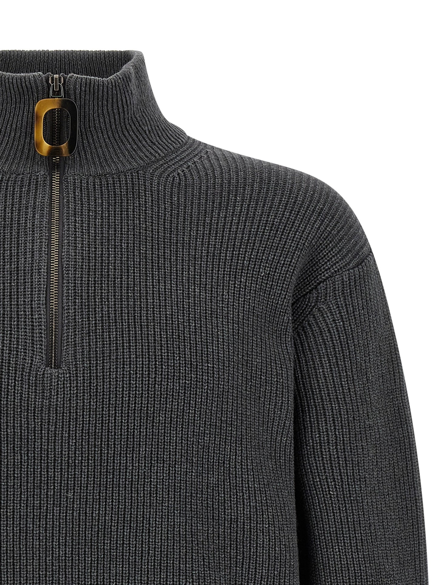 Cardigan by J.W.Anderson for men in cotton & wool gray & horn presents a textural silhouette, artfully finished with a textural high-neck neckline and for a sophisticated, textural look.