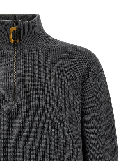 Cardigan by J.W.Anderson for men in cotton & wool gray & horn presents a textural silhouette, artfully finished with a textural high-neck neckline and for a sophisticated, textural look.