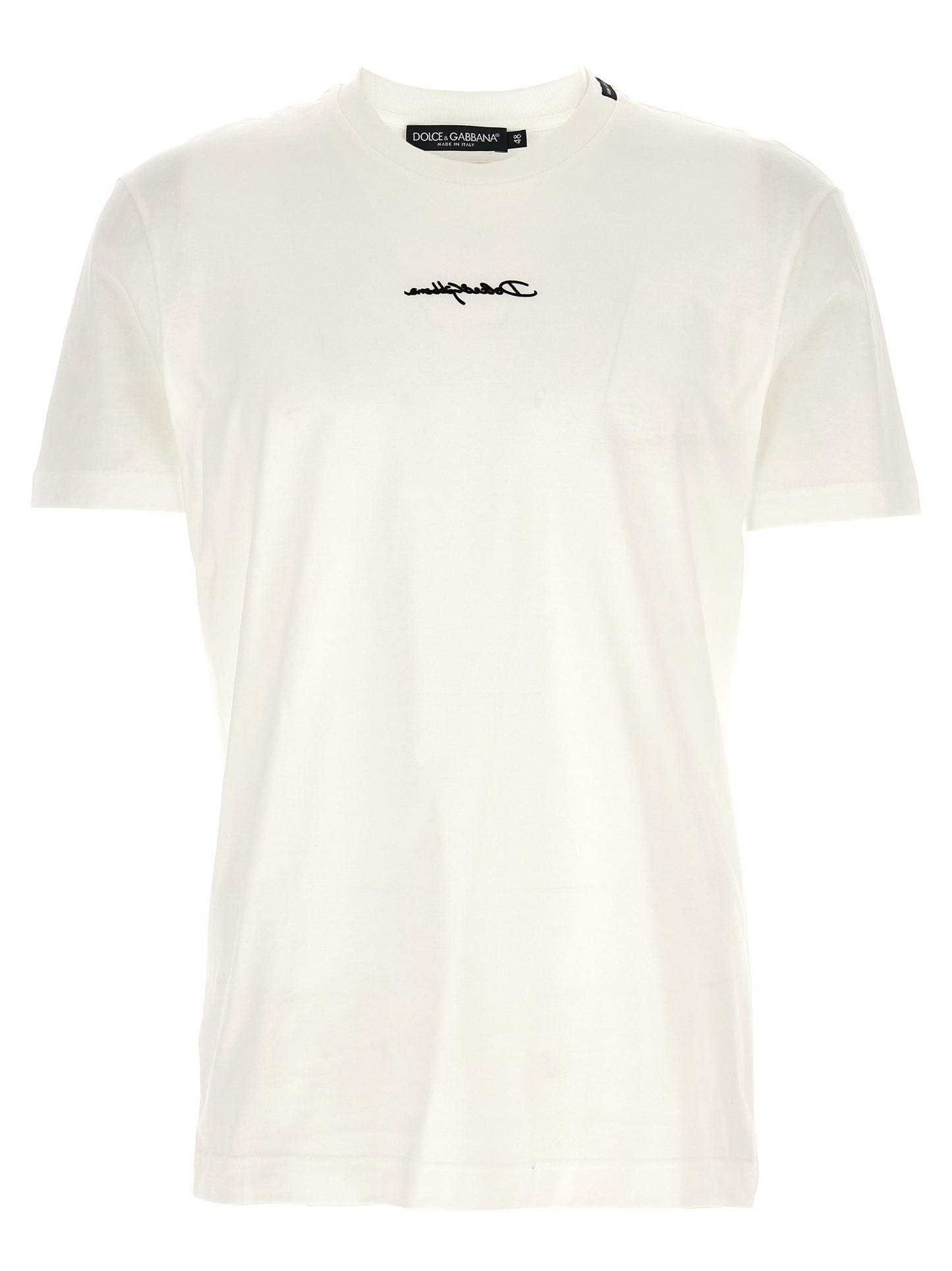 T-Shirt by Dolce & Gabbana for men in cotton white showcases a fashionable silhouette, elegantly detailed with a fashionable short-sleeve and crew neckline for a sophisticated, high-fashion look.