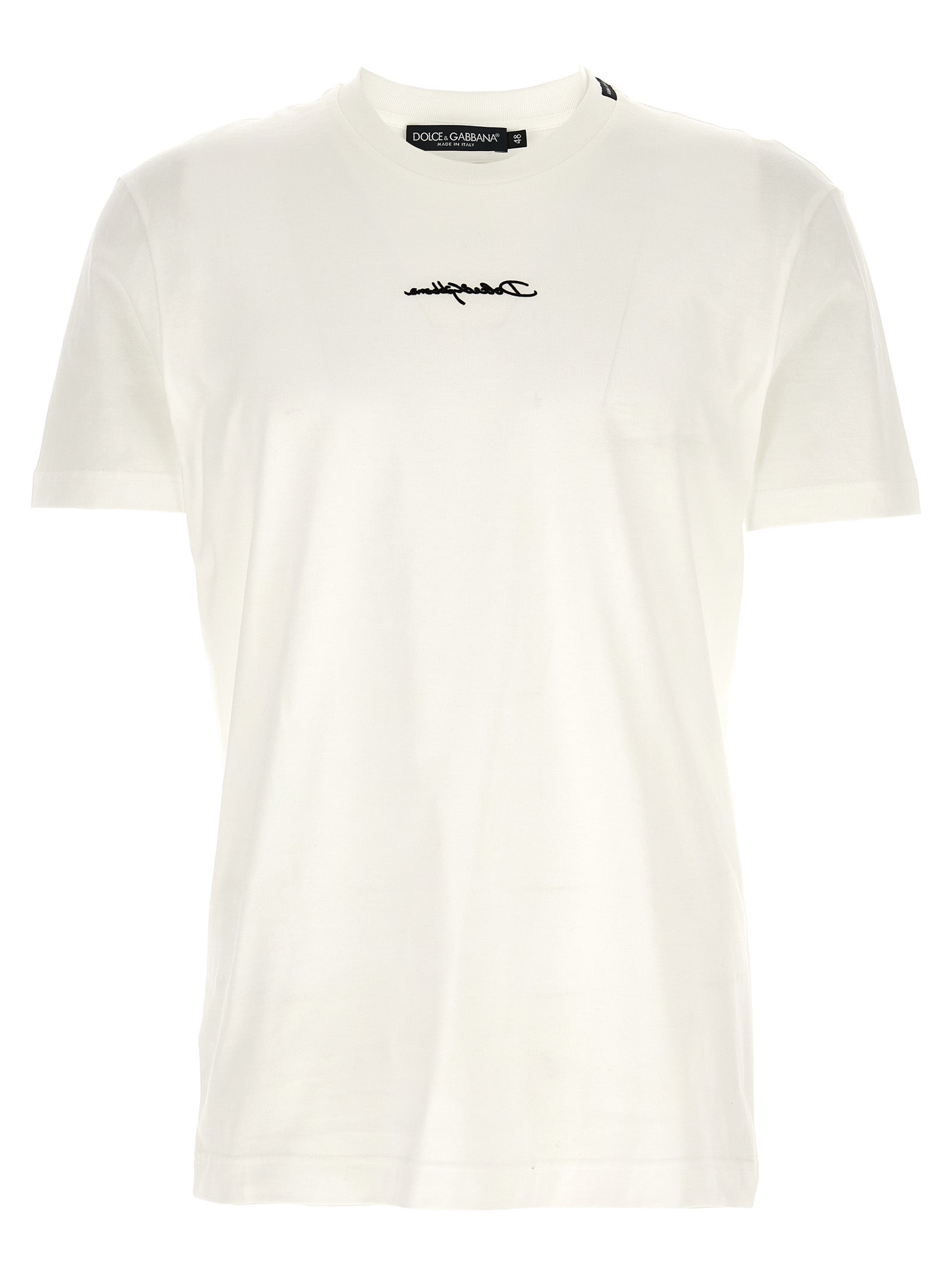 T-Shirt by Dolce & Gabbana for men in cotton white showcases a fashionable silhouette, elegantly detailed with a fashionable short-sleeve and crew neckline for a sophisticated, high-fashion look.