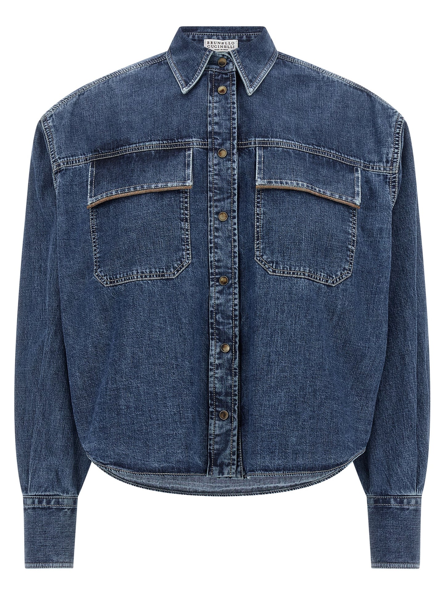 Blouse by Brunello Cucinelli for women in denim cotton blue, featuring a nuanced long-sleeve and nuanced for a sophisticated finish.