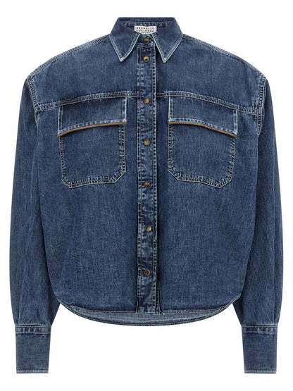 Blouse by Brunello Cucinelli for women in denim cotton blue, featuring a nuanced long-sleeve and nuanced for a sophisticated finish.