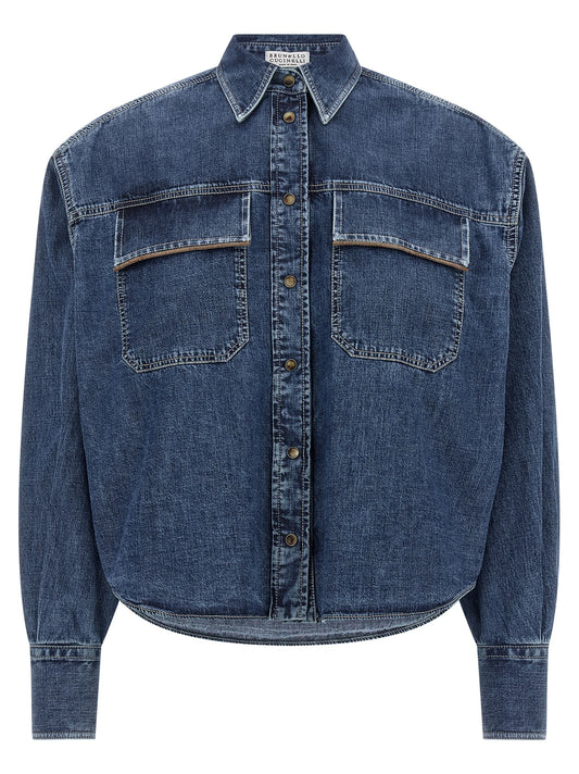 Blouse by Brunello Cucinelli for women in denim cotton blue, featuring a nuanced long-sleeve and nuanced for a sophisticated finish.