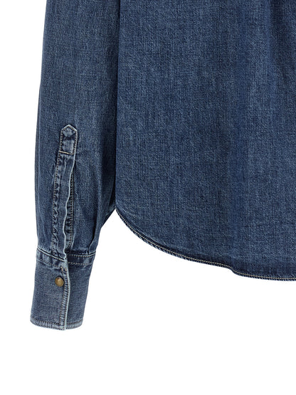 Blouse by Brunello Cucinelli for women in denim cotton blue showcases a sublime silhouette, artfully detailed with a sublime and for a sophisticated, sublime finish.