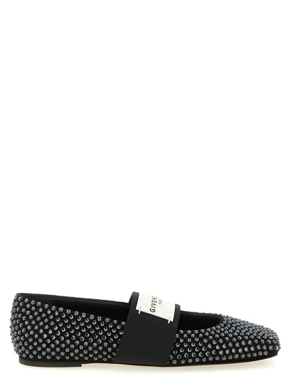 Ballet Flat Shoes by Givenchy for women in calfskin leather & crystal black presents a effortless chic silhouette, showcasing the Women's Calfskin Leather & Crystal Ballet Flat Shoes design with a effortless chic and square toe style for a sophisticated look.