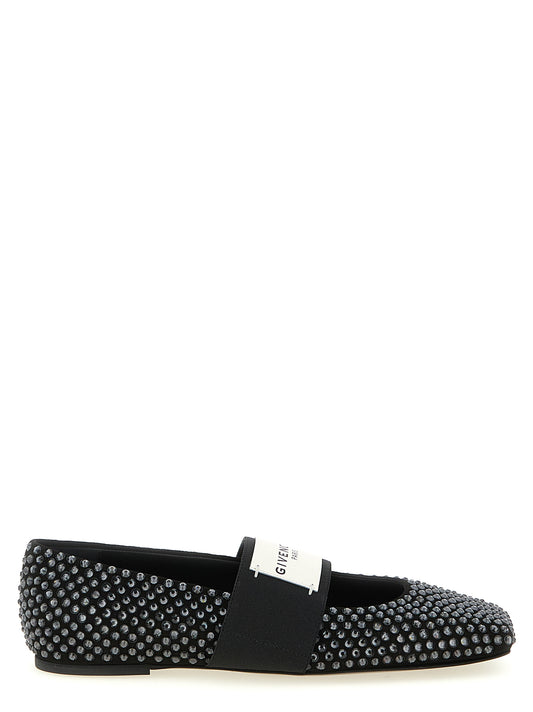 Ballet Flat Shoes by Givenchy for women in calfskin leather & crystal black presents a effortless chic silhouette, showcasing the Women's Calfskin Leather & Crystal Ballet Flat Shoes design with a effortless chic and square toe style for a sophisticated look.