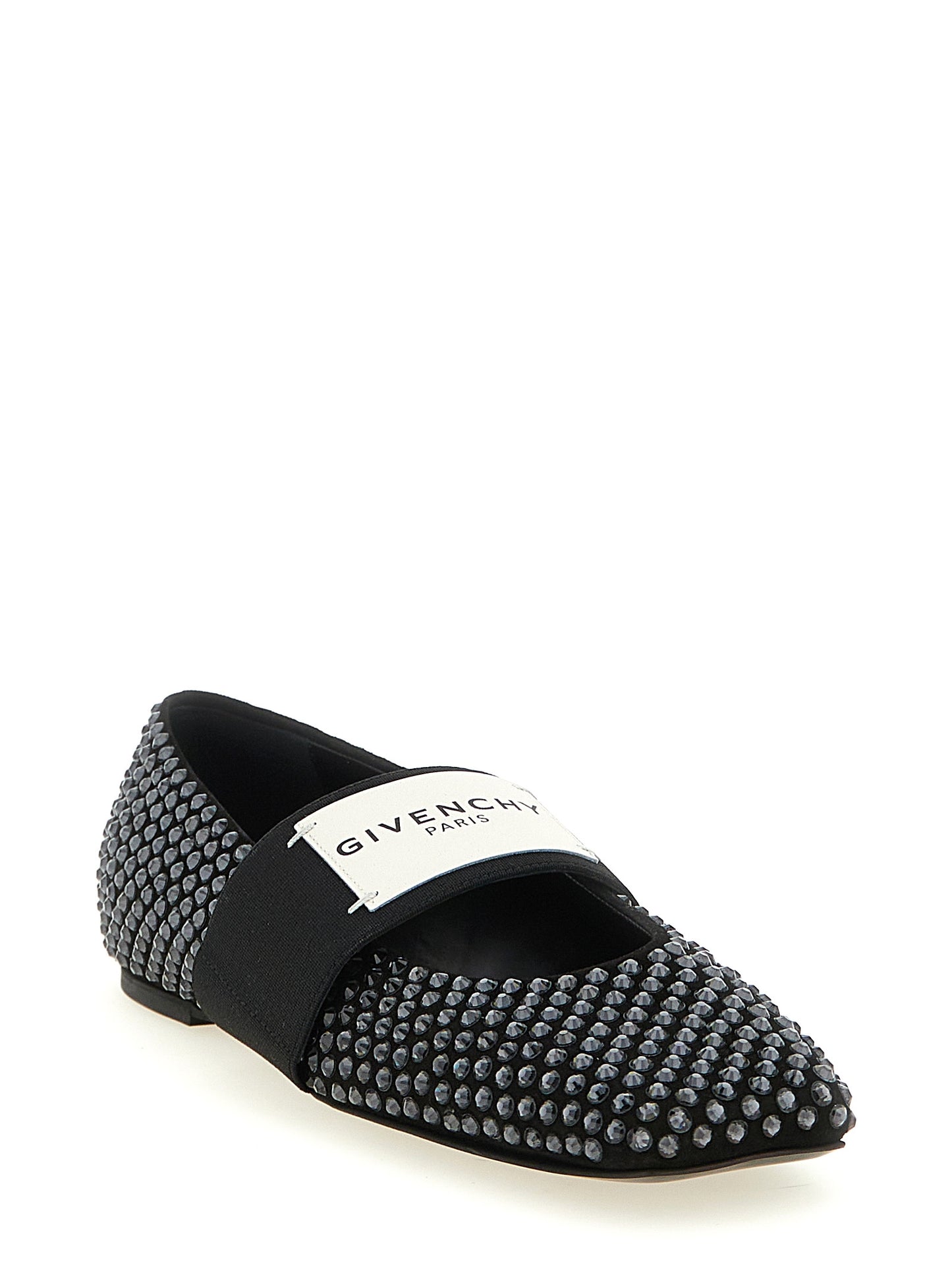Ballet Flat Shoes by Givenchy for women in calfskin leather & crystal black showcases a enchanting silhouette as part of the Women's Calfskin Leather & Crystal Ballet Flat Shoes collection, defined by a enchanting square toe style and for a enchanting look.