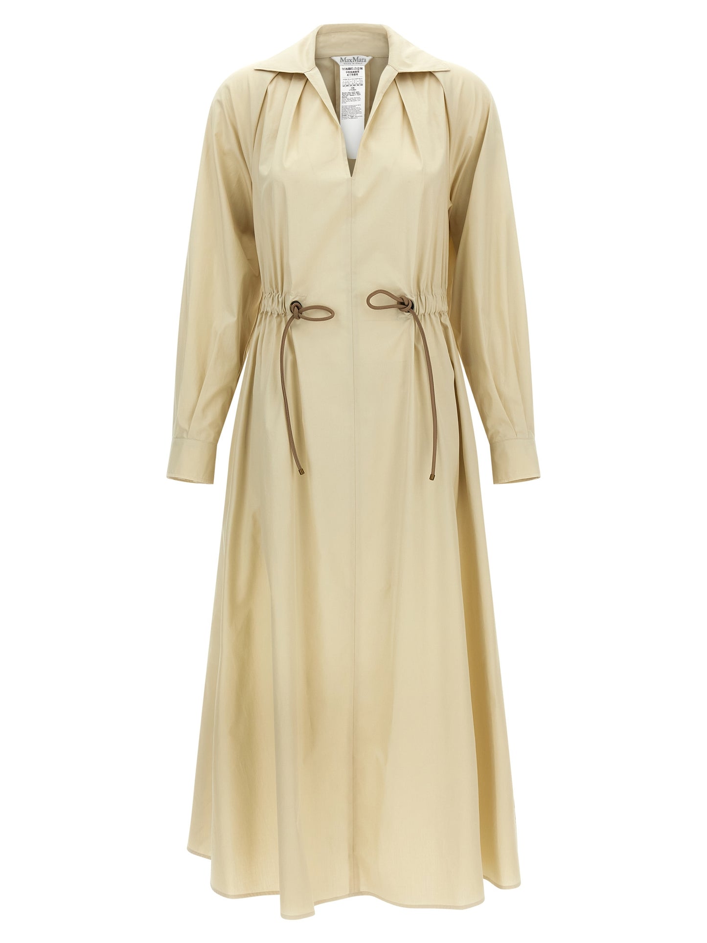 Dress by Max Mara for women in cotton beige features a dramatic silhouette, showcasing an elegant and that flows into a dramatic long.