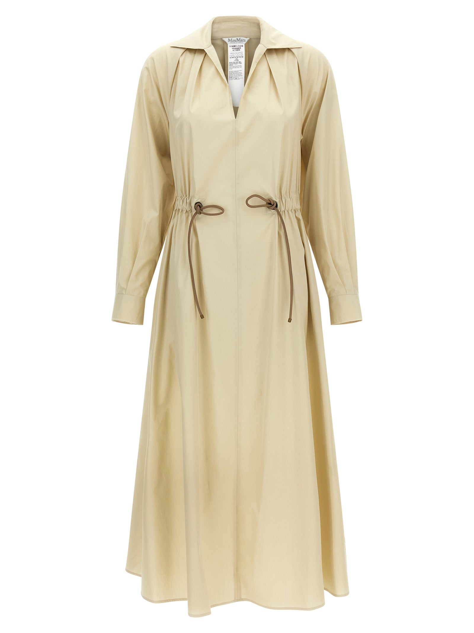 Dress by Max Mara for women in cotton beige features a dramatic silhouette, showcasing an elegant and that flows into a dramatic long.