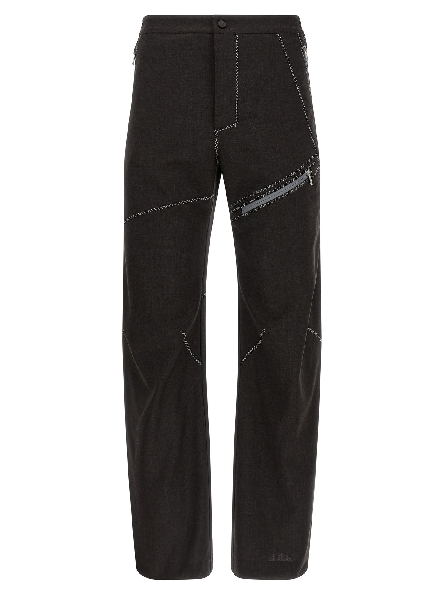 Trousers by Kiko Kostadinov for men in virgin wool brown features a artisanal silhouette, showcasing a sophisticated straight-leg with a long and for a artisanal finish.