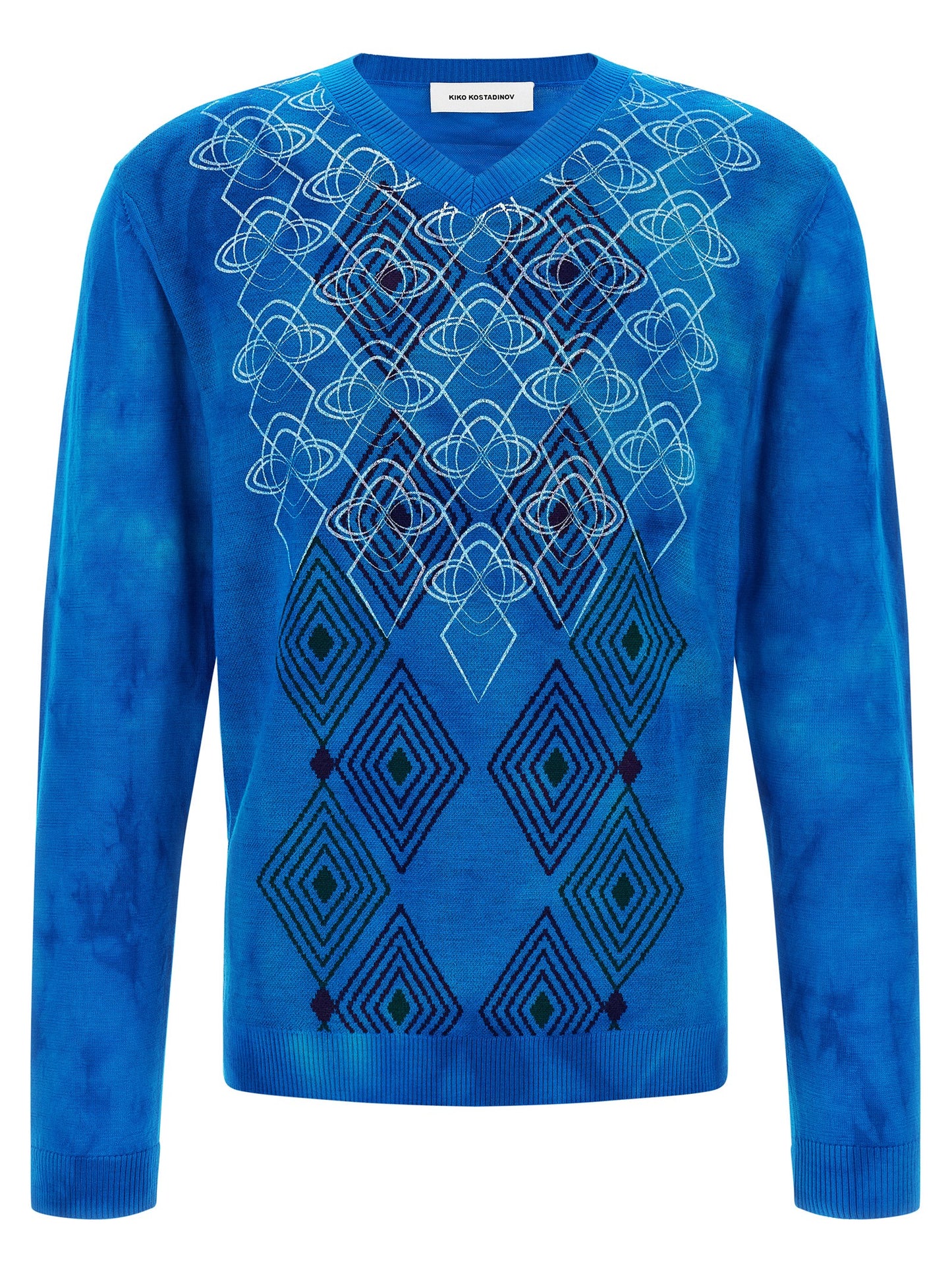 Cardigan by Kiko Kostadinov for men in wool blue, patterned, tie-dye, jacquard & print features an impeccable silhouette, showcasing a sophisticated v-neck neckline and detail for a truly impeccable finish.