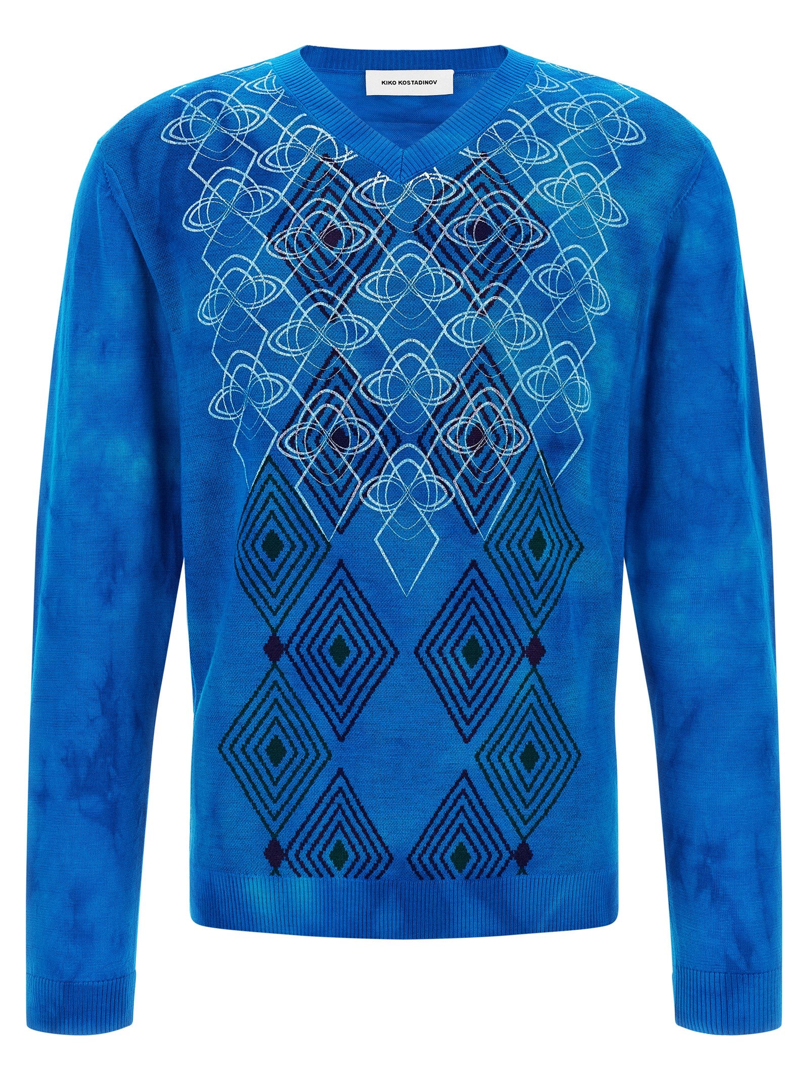 Cardigan by Kiko Kostadinov for men in wool blue, patterned, tie-dye, jacquard & print features an impeccable silhouette, showcasing a sophisticated v-neck neckline and detail for a truly impeccable finish.
