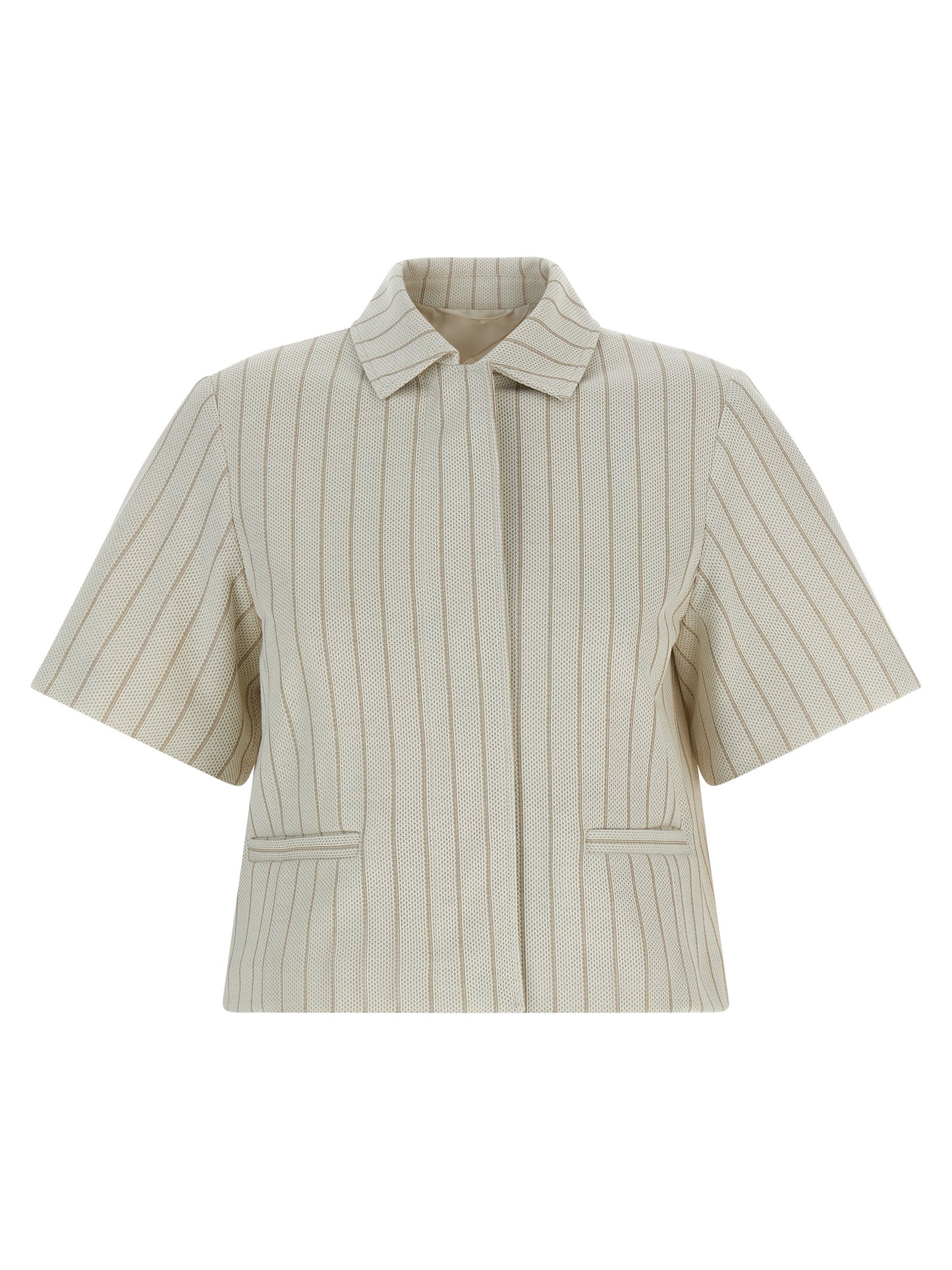 Overcoat by Max Mara for women in cotton beige & pinstripe features a contemporary silhouette showcasing a contemporary shirt-collar neckline and refined pockets for a sophisticated finish.