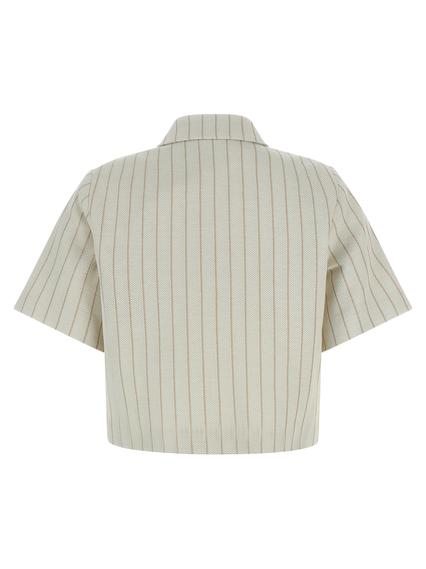 Overcoat by Max Mara for women in cotton beige & pinstripe features an voluminous silhouette, showcasing distinct pockets and a voluminous shirt-collar neckline for a truly voluminous aesthetic.