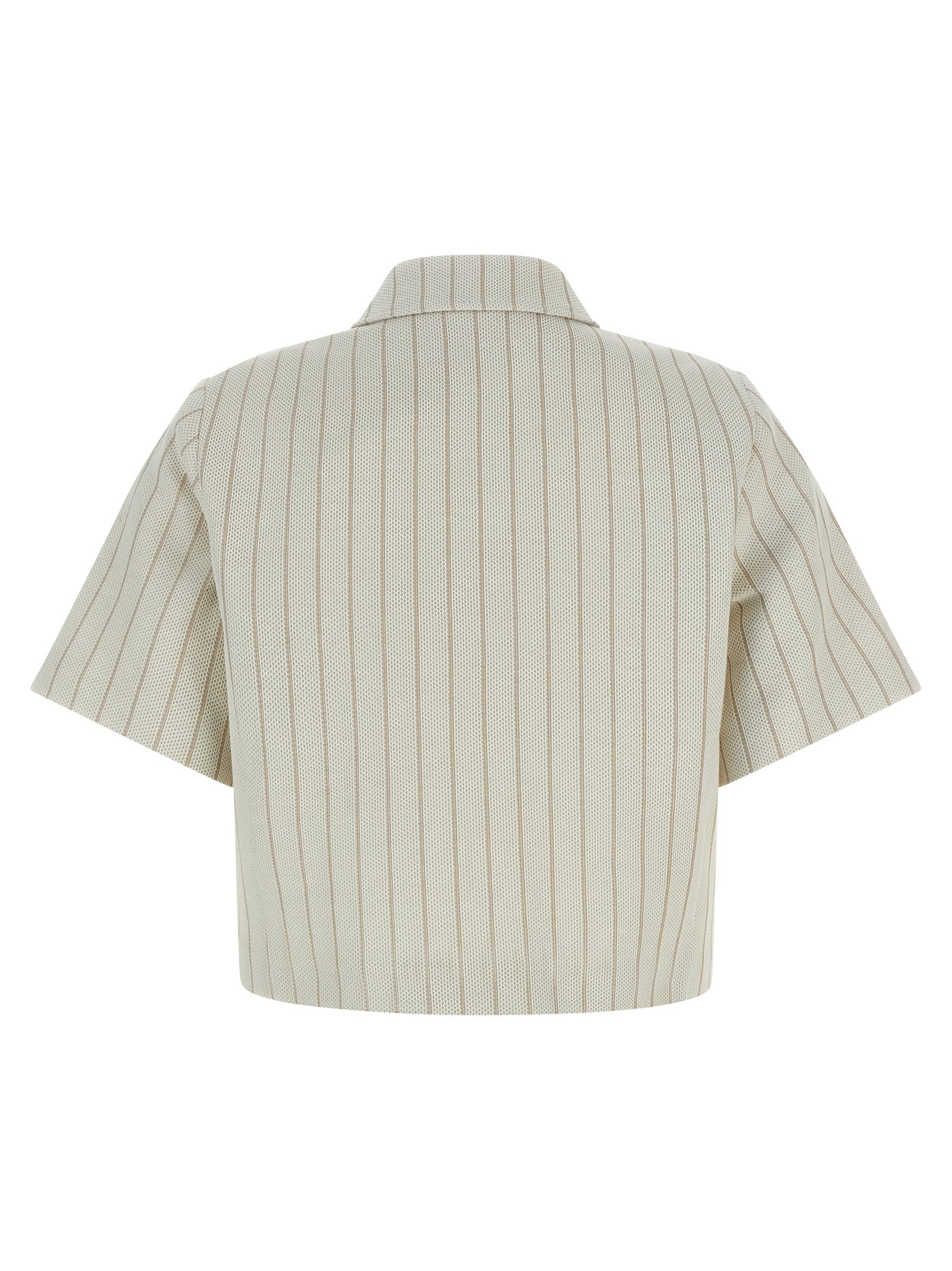 Overcoat by Max Mara for women in cotton beige & pinstripe features an voluminous silhouette, showcasing distinct pockets and a voluminous shirt-collar neckline for a truly voluminous aesthetic.
