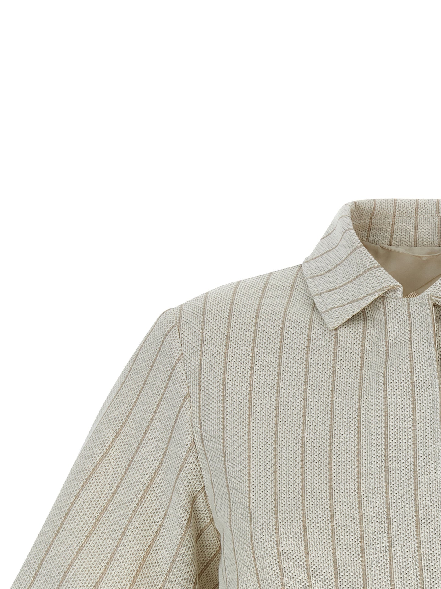 Overcoat by Max Mara for women in cotton beige & pinstripe features an voluminous silhouette, showcasing distinct pockets and a voluminous shirt-collar neckline for a truly voluminous aesthetic.