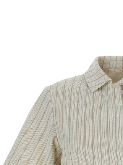 Overcoat by Max Mara for women in cotton beige & pinstripe features an voluminous silhouette, showcasing distinct pockets and a voluminous shirt-collar neckline for a truly voluminous aesthetic.