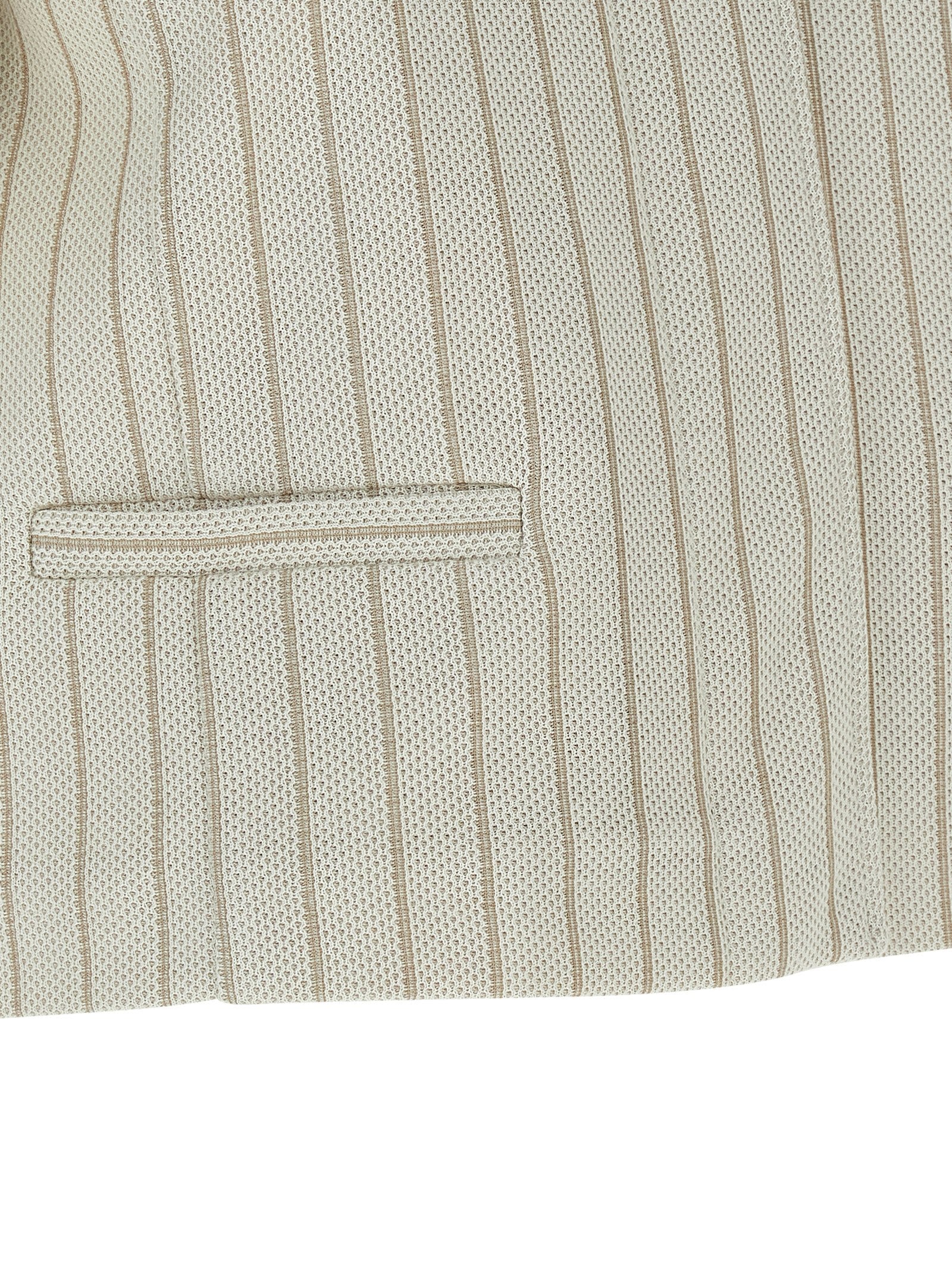 Overcoat by Max Mara for women in cotton beige & pinstripe showcases a architectural silhouette, artfully detailed with a distinctive shirt-collar neckline and functional pockets for a architectural finish.