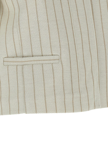 Overcoat by Max Mara for women in cotton beige & pinstripe showcases a architectural silhouette, artfully detailed with a distinctive shirt-collar neckline and functional pockets for a architectural finish.