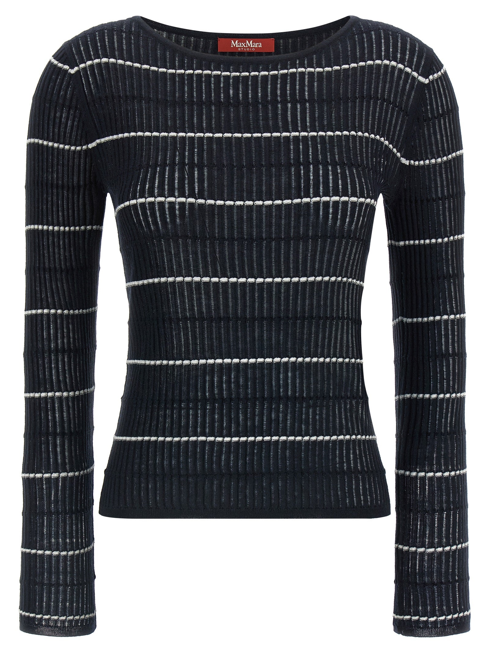 Cardigan by Max Mara for women in wool & silk blue & striped showcases a luxurious silhouette, meticulously detailed with a sophisticated boat neckline and long-sleeve for a refined finish.