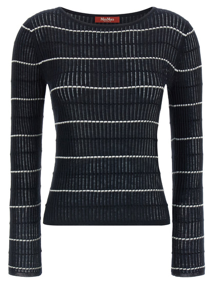 Cardigan by Max Mara for women in wool & silk blue & striped showcases a luxurious silhouette, meticulously detailed with a sophisticated boat neckline and long-sleeve for a refined finish.