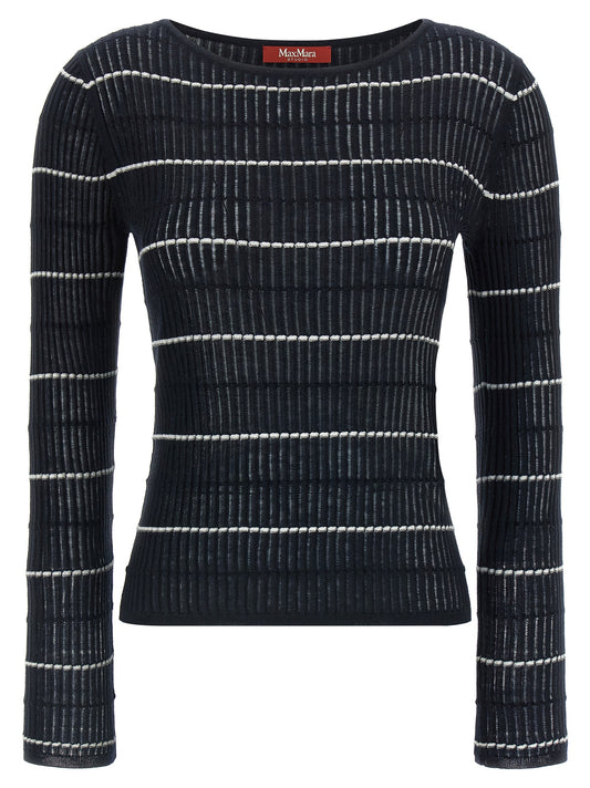 Cardigan by Max Mara for women in wool & silk blue & striped showcases a luxurious silhouette, meticulously detailed with a sophisticated boat neckline and long-sleeve for a refined finish.