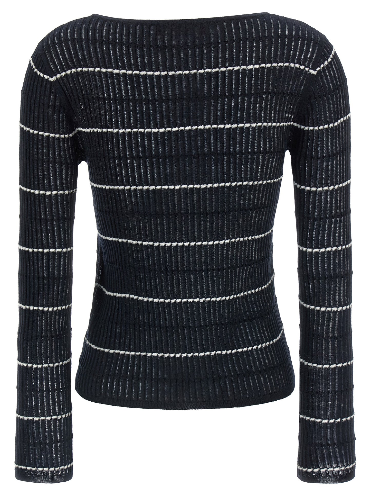 Cardigan by Max Mara for women in wool & silk blue & striped presents a textural silhouette, artfully finished with a textural boat neckline and for a sophisticated, textural look.