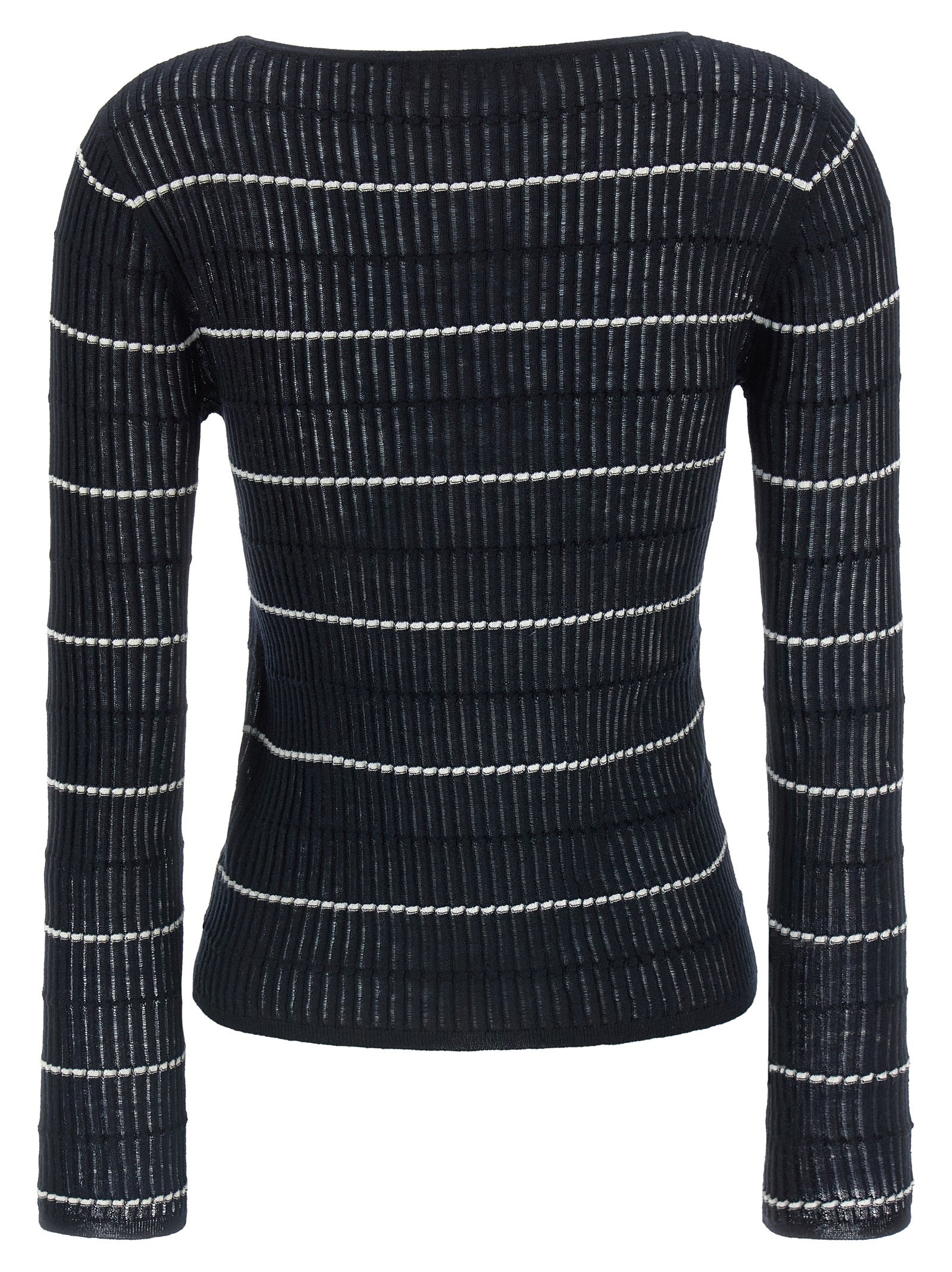 Cardigan by Max Mara for women in wool & silk blue & striped presents a textural silhouette, artfully finished with a textural boat neckline and for a sophisticated, textural look.