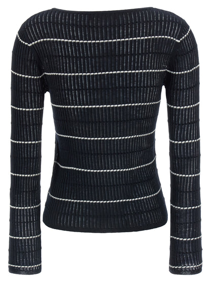 Cardigan by Max Mara for women in wool & silk blue & striped presents a textural silhouette, artfully finished with a textural boat neckline and for a sophisticated, textural look.