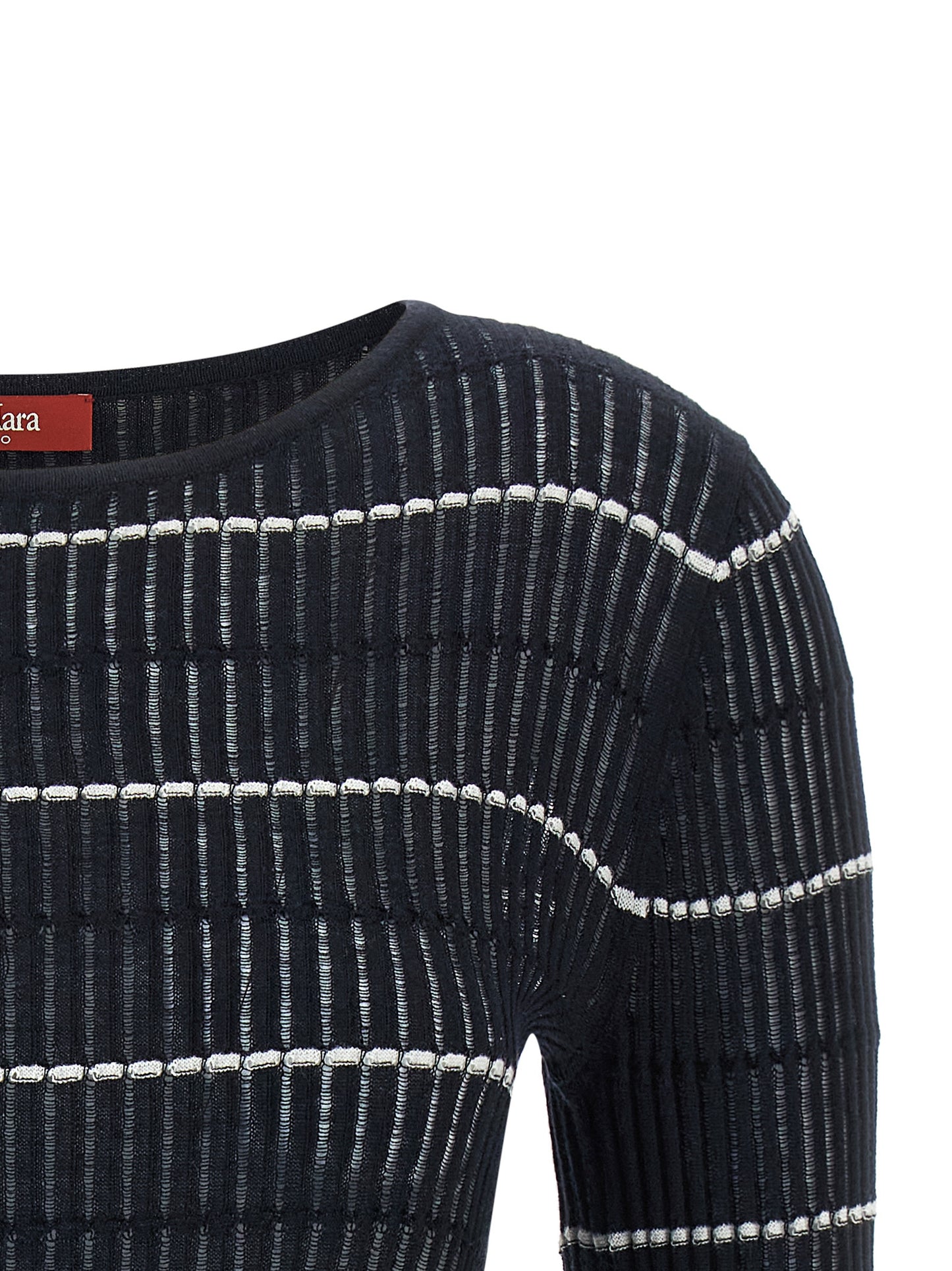 Cardigan by Max Mara for women in wool & silk blue & striped showcases a captivating silhouette, artfully detailed with a captivating and boat neckline for a truly sophisticated captivating look.
